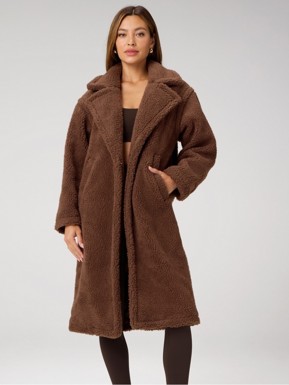 BB Dakota Paddington Longline Teddy Coat in Chocolate Brown - Size M